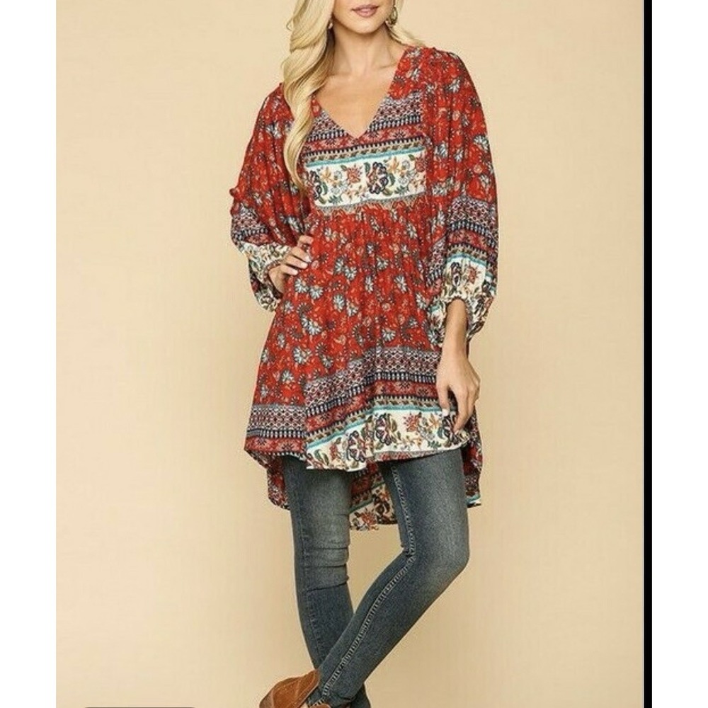 GiGiO Boho Peasant Tunic Blouse Or Dress Red Floral Paisley Mixed Print Size‎ M